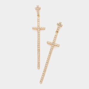 Gold CZ Crystal Double Dangle Cross Earrings 2" Drop Link Evening Jewelry